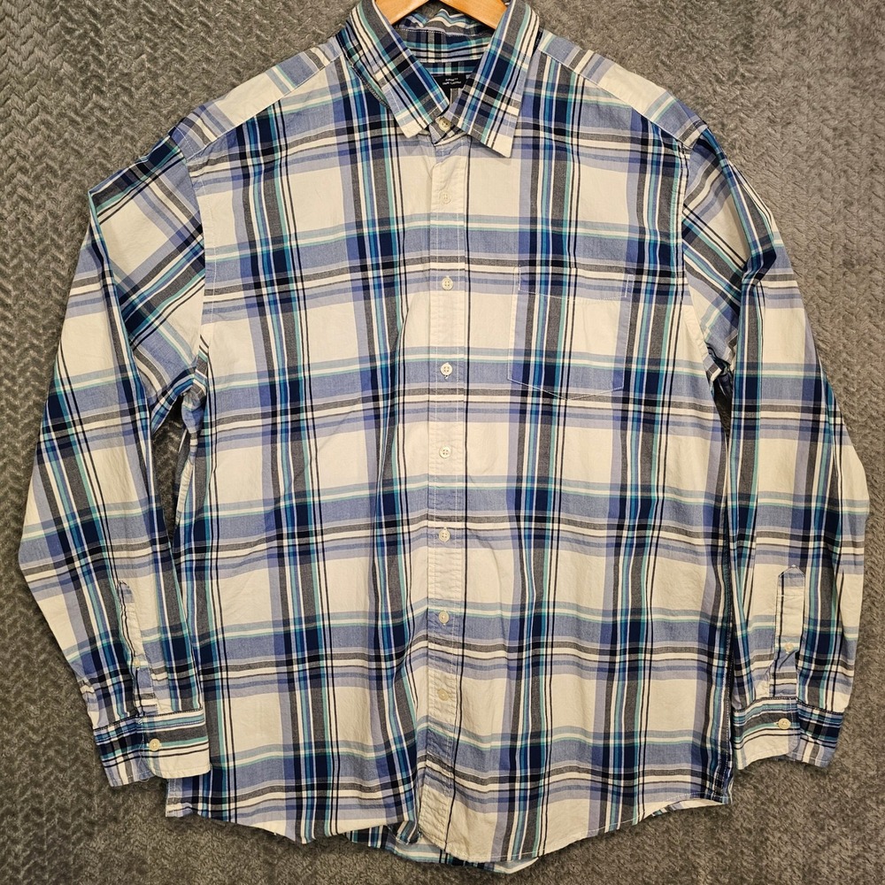 Gap Mens XXL Classic‎ Fit Plaid Long Sleeve Button Down Shirt Blue White Teal